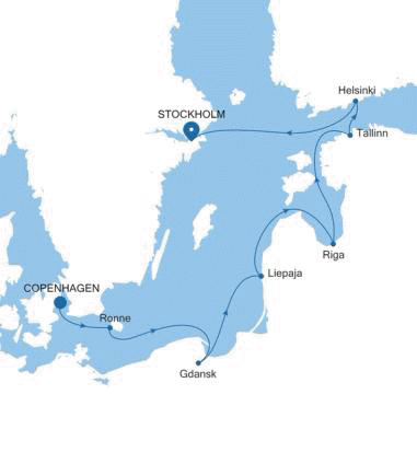 Carte de l’itinéraire Silver Dawn, Copenhague → Stockholm