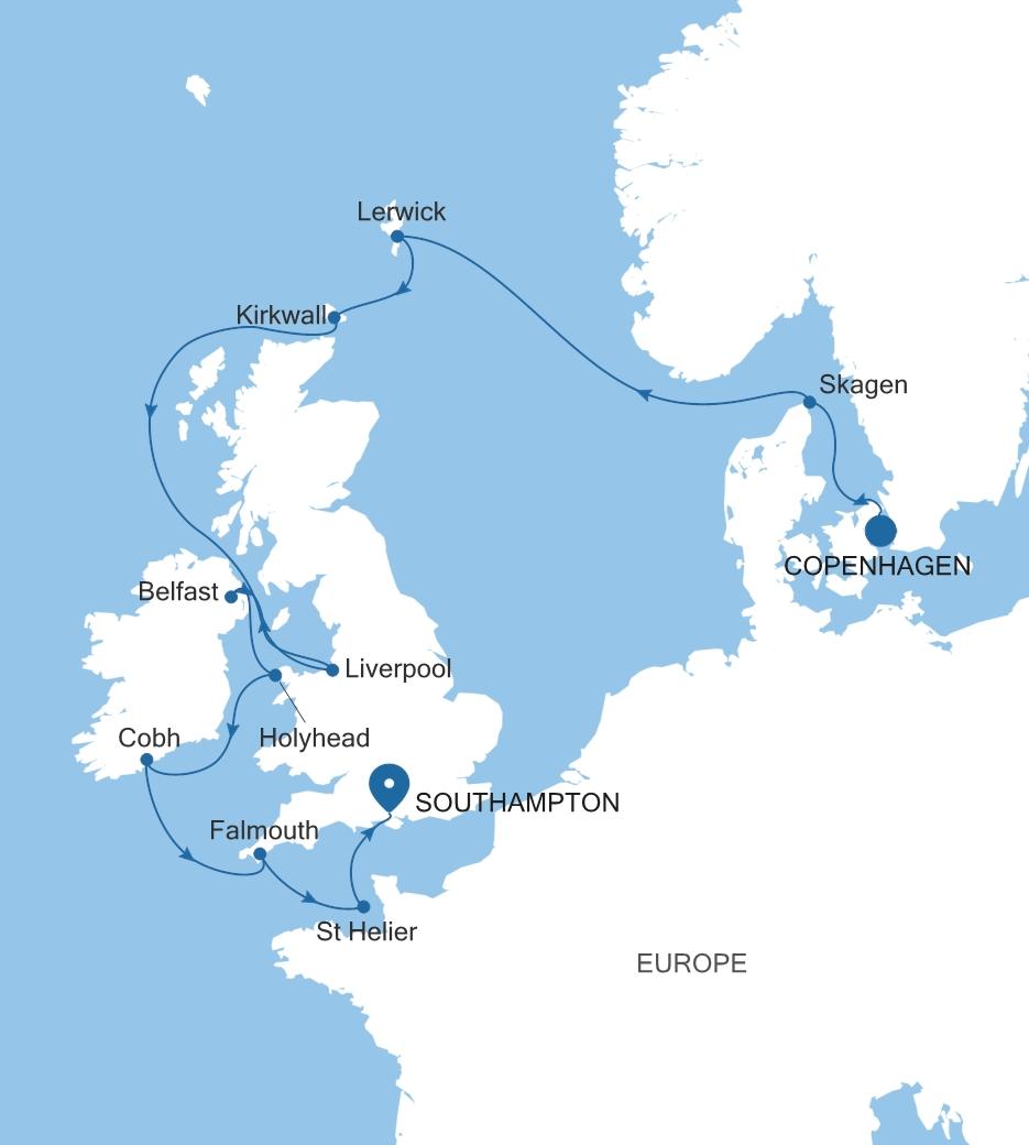 Carte de l’itinéraire Silver Dawn, Copenhague → Southampton