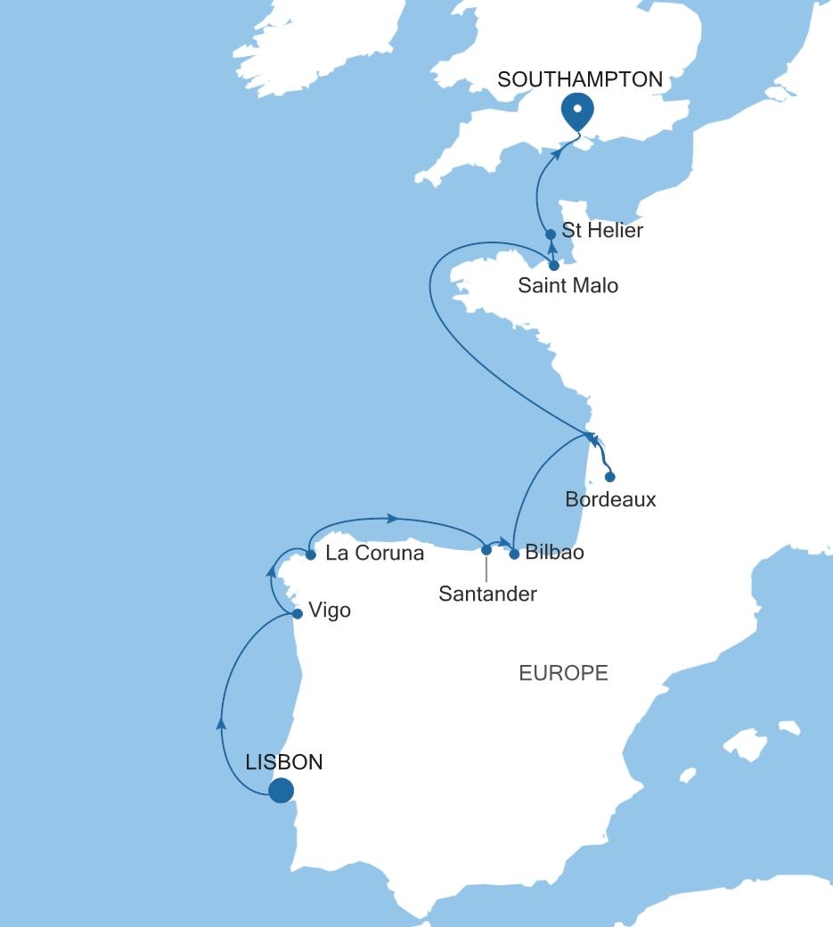 Carte de l’itinéraire Silver Dawn, Lisbonne → Southampton