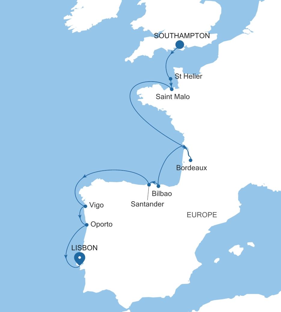 Carte de l’itinéraire Silver Dawn, Southampton → Lisbonne