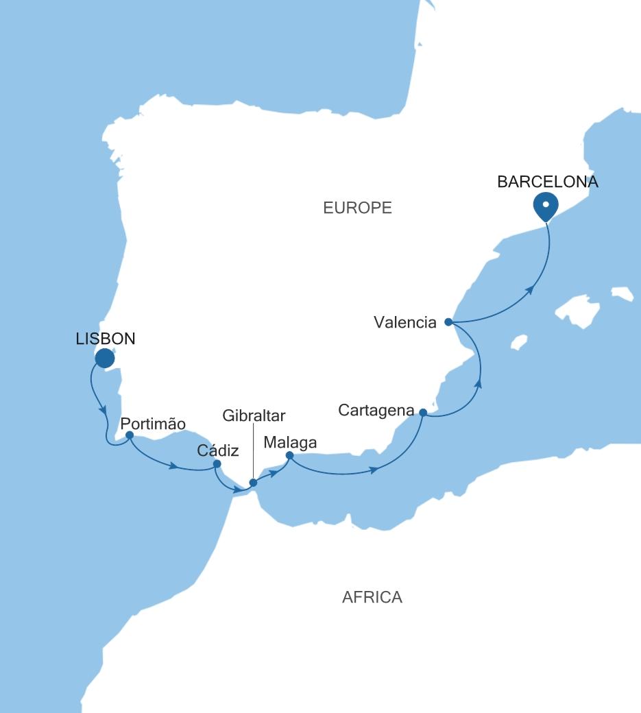 Carte de l’itinéraire Silver Dawn, Lisbonne → Barcelone