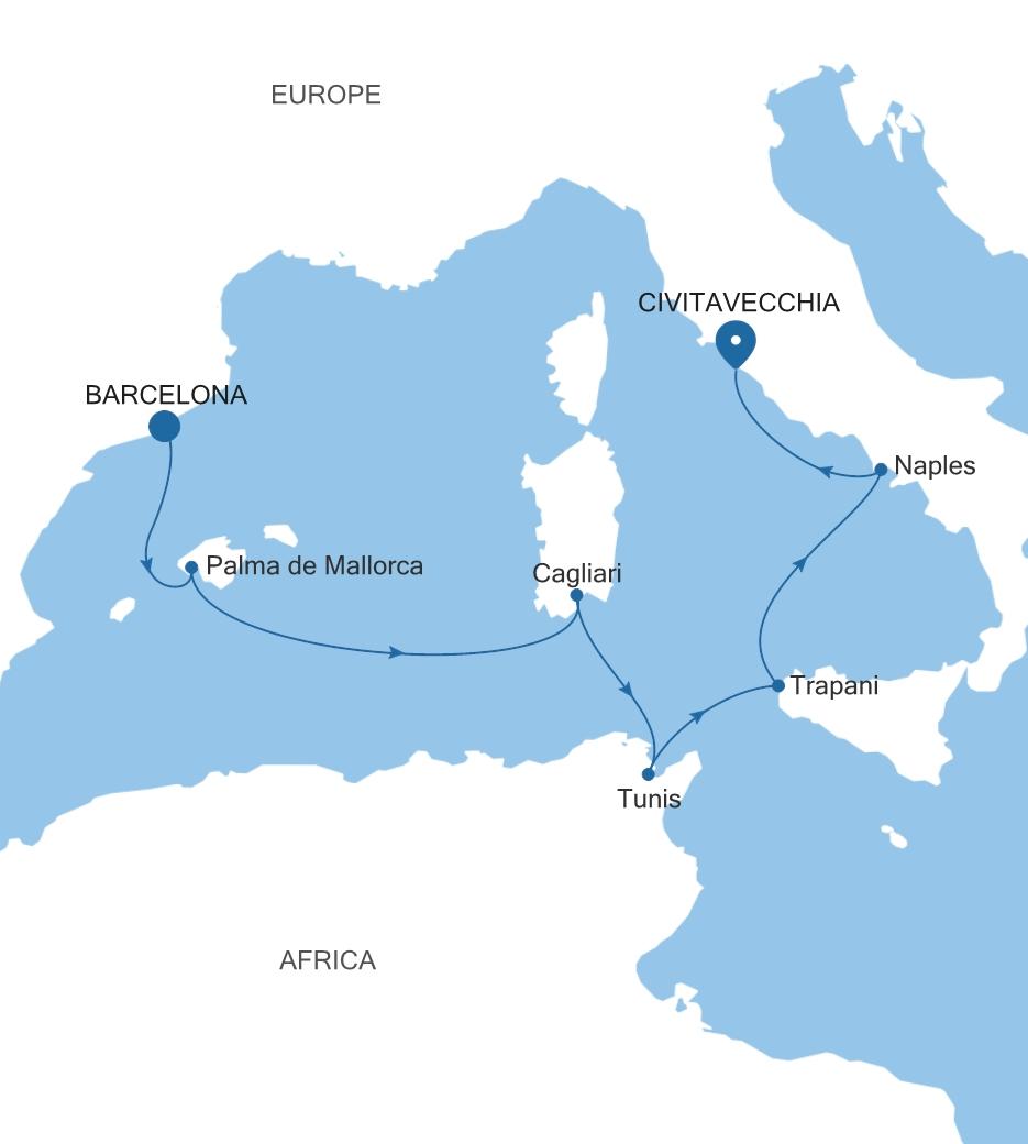 Carte de l’itinéraire Silver Dawn, Barcelone → Civitavecchia (Rome)