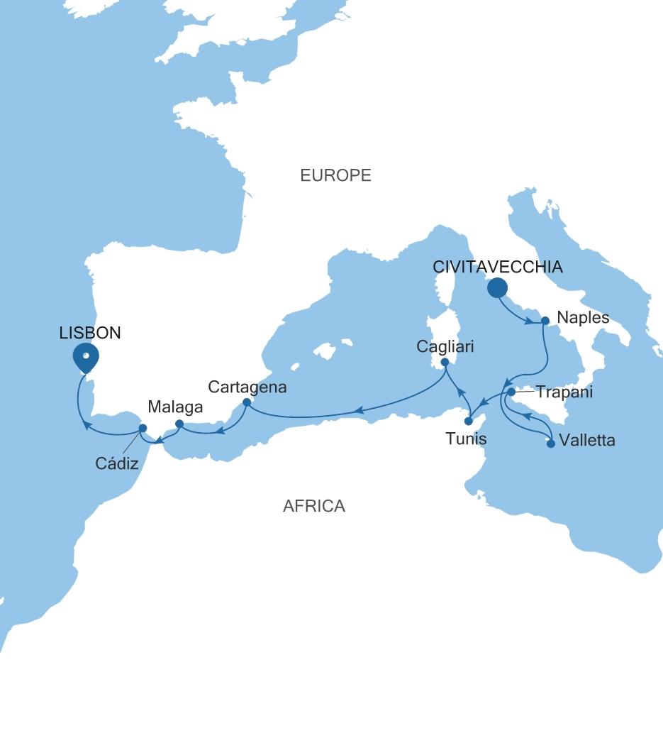 Carte de l’itinéraire Silver Dawn, Civitavecchia (Rome) → Lisbonne