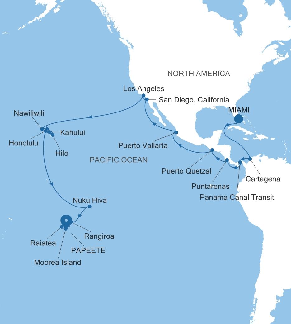 Carte de l’itinéraire Silver Dawn, Miami, FL → Papeete (Tahiti)