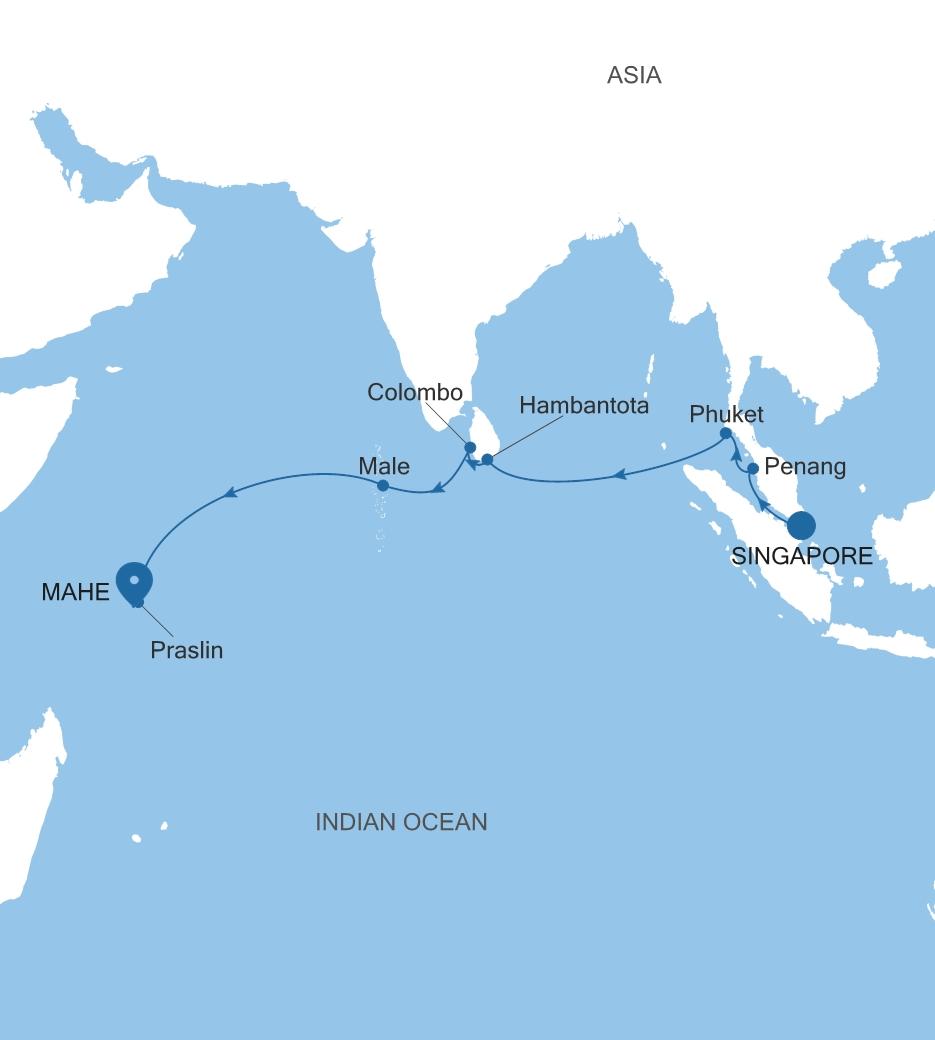 Carte de l’itinéraire Silver Dawn, Singapour → Mahe