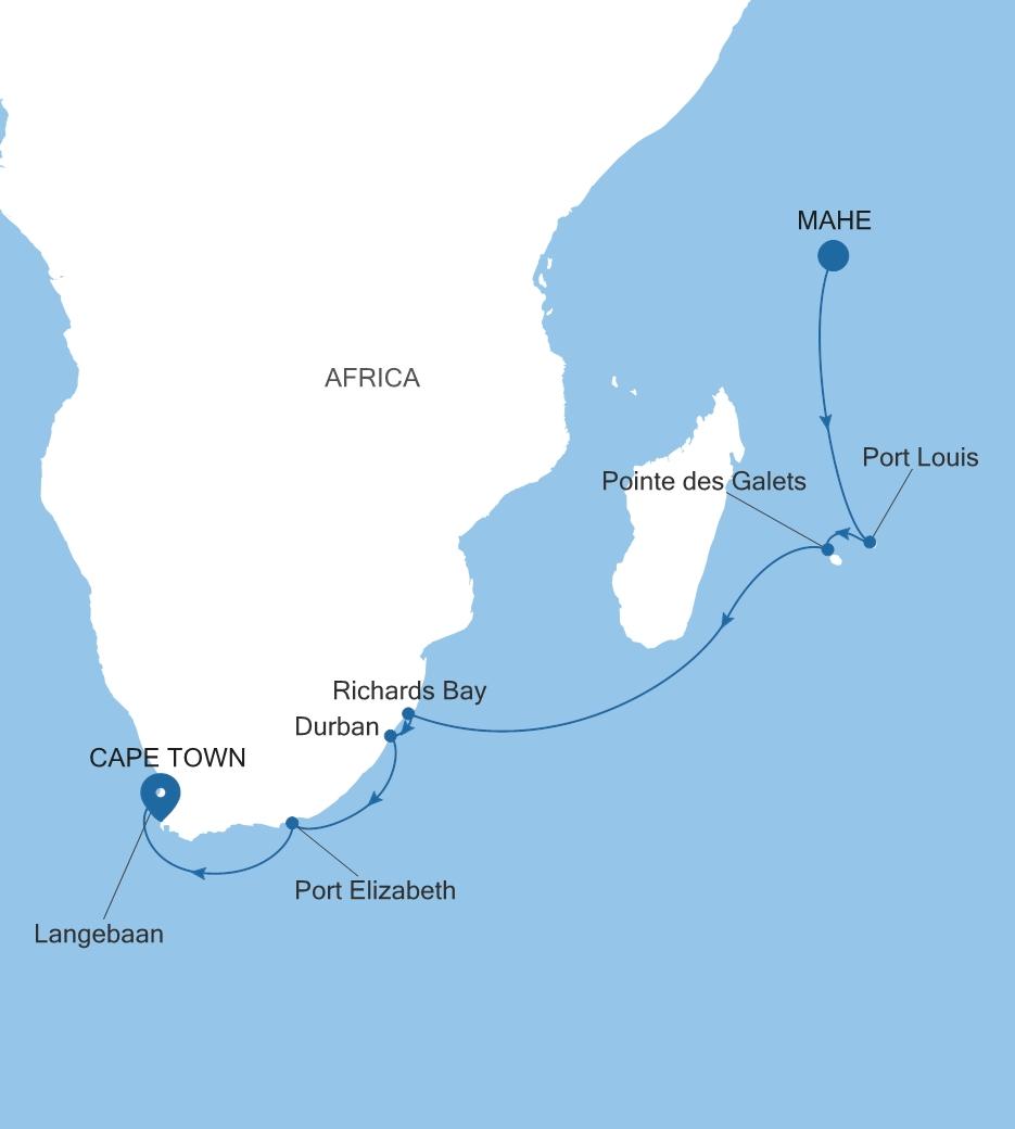 Carte de l’itinéraire Silver Dawn, Mahe → Le Cap