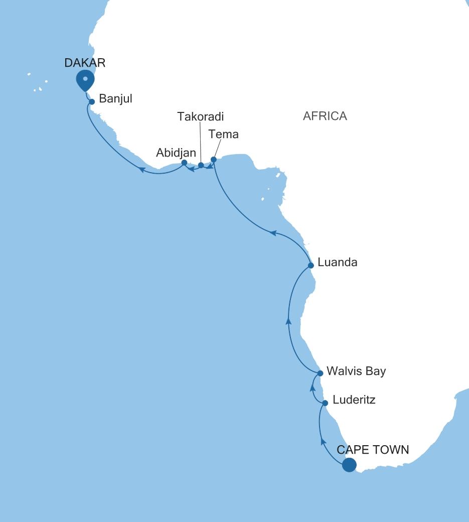 Carte de l’itinéraire Silver Dawn, Le Cap → Dakar