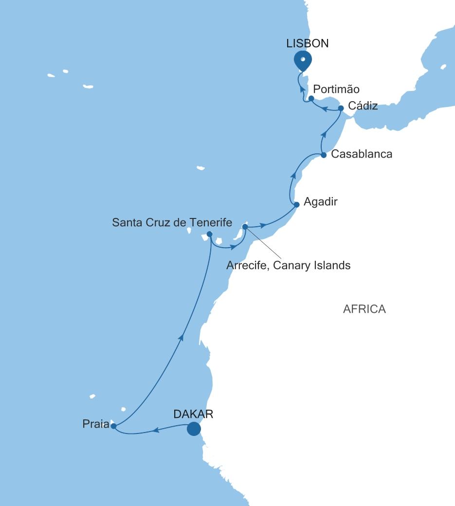 Carte de l’itinéraire Silver Dawn, Dakar → Lisbonne