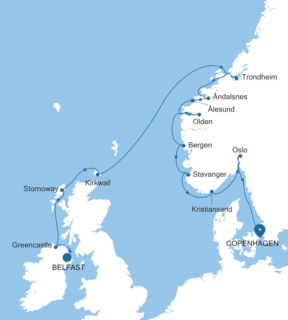 Carte de l’itinéraire Silver Dawn, Belfast → Copenhague
