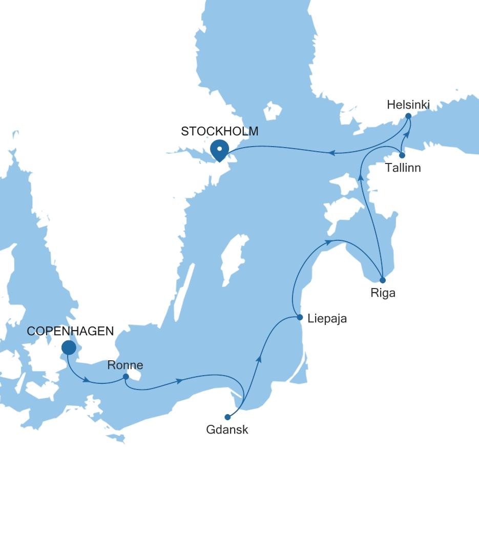 Carte de l’itinéraire Silver Dawn, Copenhague → Stockholm