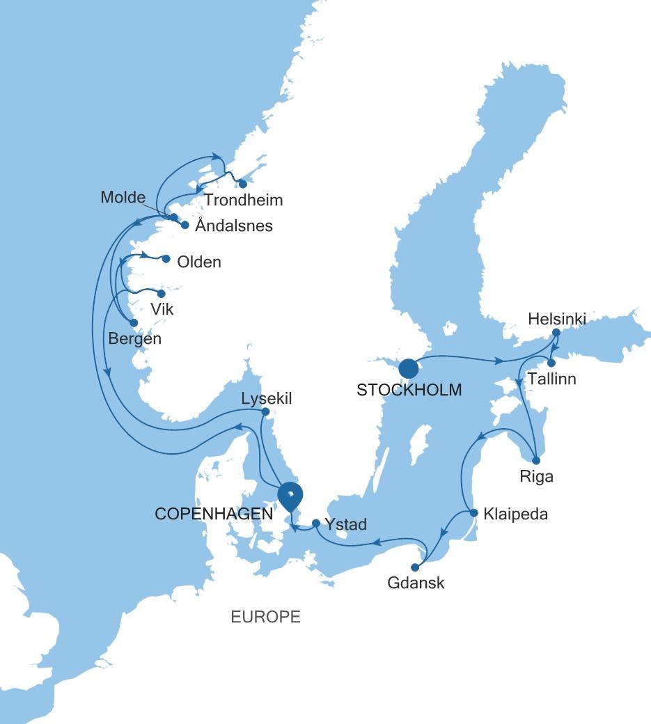 Carte de l’itinéraire Silver Dawn, Stockholm → Copenhague