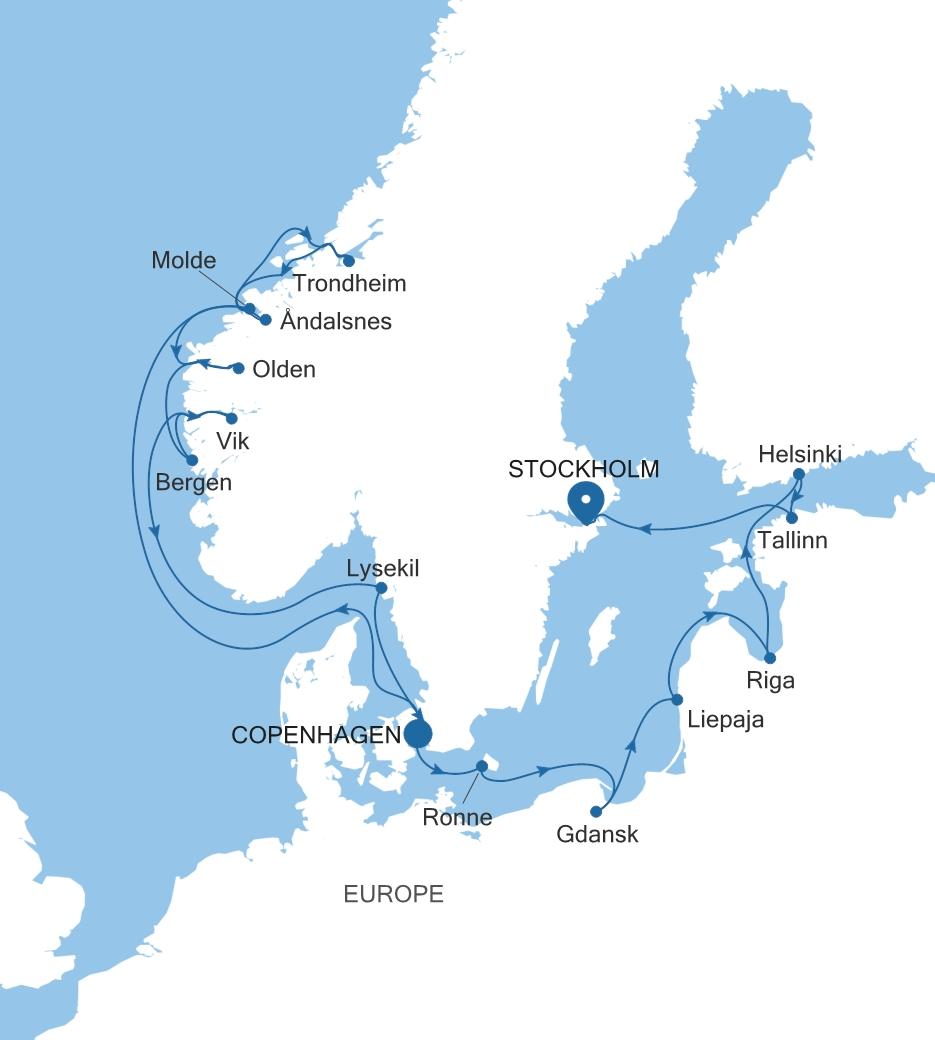 Carte de l’itinéraire Silver Dawn, Copenhague → Stockholm