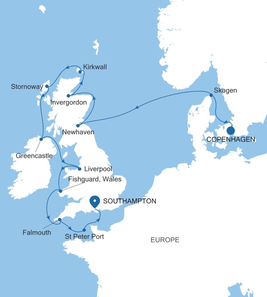 Carte de l’itinéraire Silver Dawn, Copenhague → Southampton