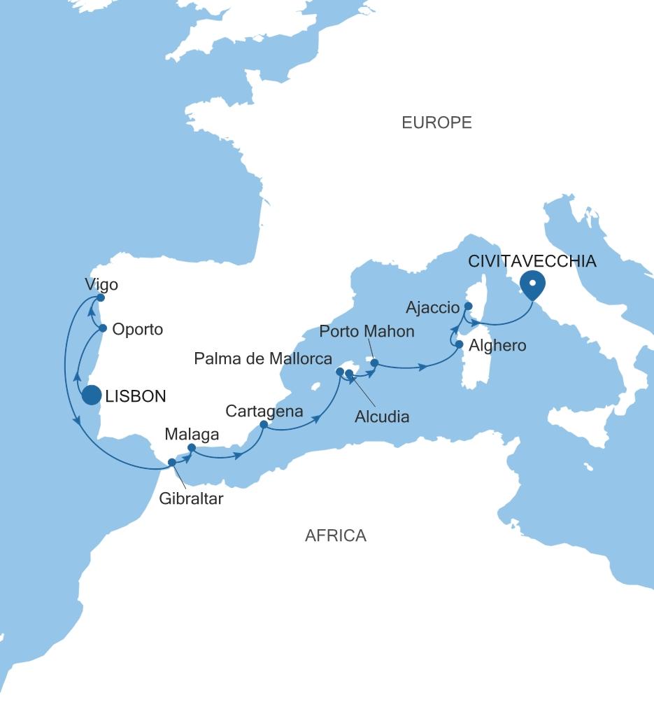 Carte de l’itinéraire Silver Dawn, Lisbonne → Civitavecchia (Rome)