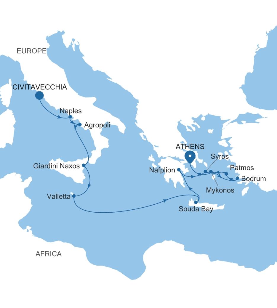 Carte de l’itinéraire Silver Dawn, Civitavecchia (Rome) → Athènes (Le Pirée)