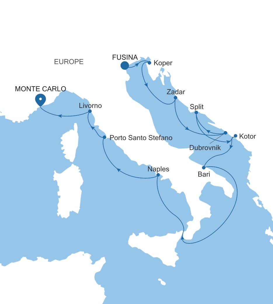 Carte de l’itinéraire Silver Dawn, Fusina (Venise) → Monte Carlo