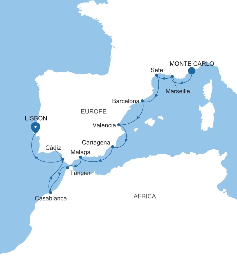 Carte de l’itinéraire Silver Dawn, Monte Carlo → Lisbonne