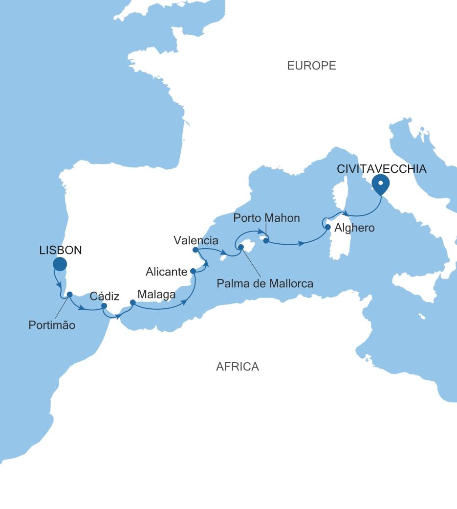 Carte de l’itinéraire Silver Dawn, Lisbonne → Civitavecchia (Rome)