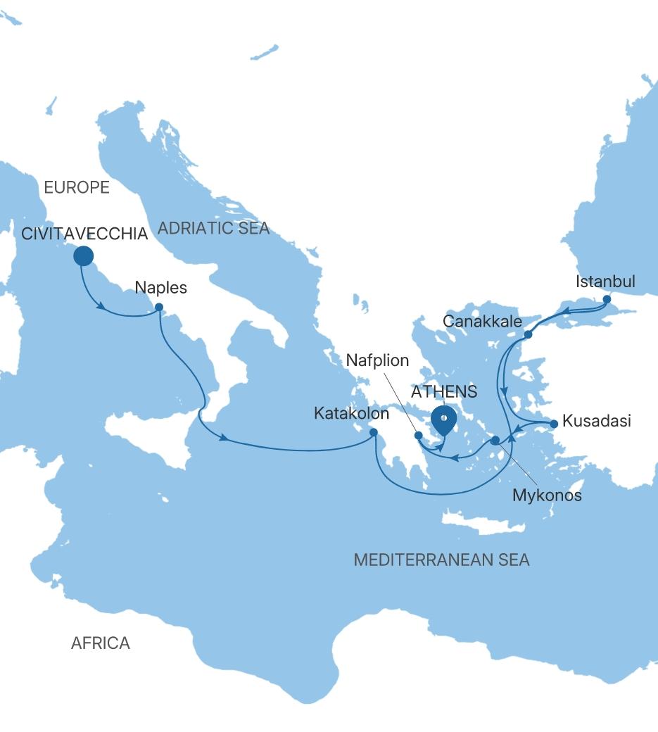 Carte de l’itinéraire Silver Dawn, Civitavecchia (Rome) → Athènes (Le Pirée)