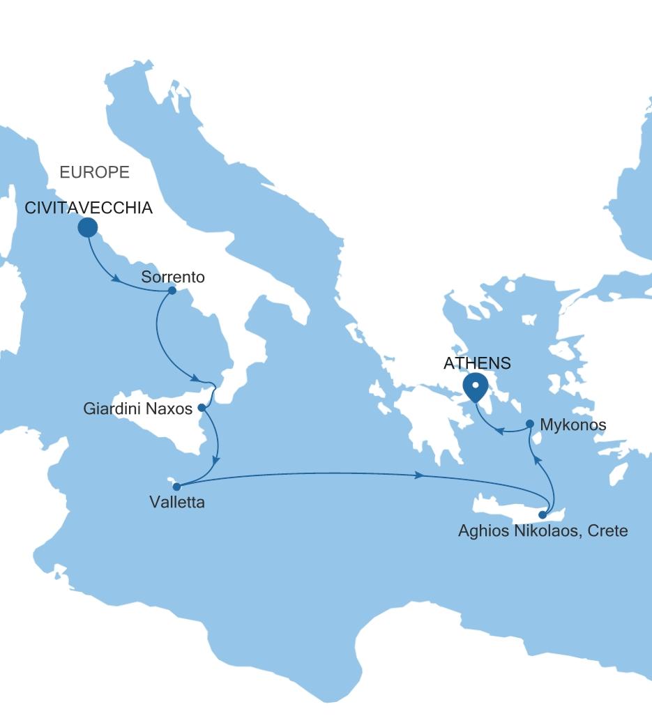 Carte de l’itinéraire Silver Dawn, Civitavecchia (Rome) → Athènes (Le Pirée)