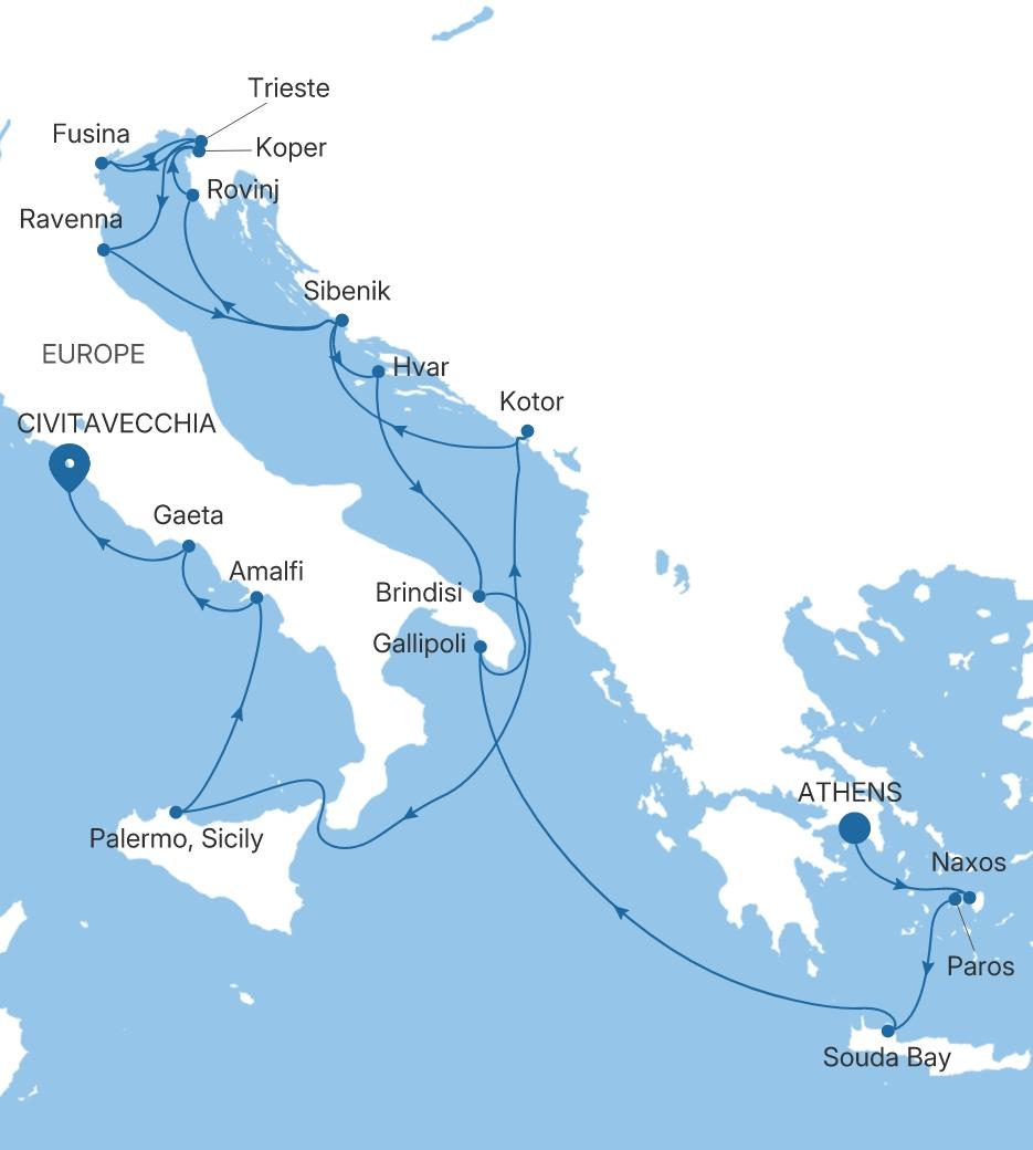 Carte de l’itinéraire Silver Dawn, Athènes (Le Pirée) → Civitavecchia (Rome)
