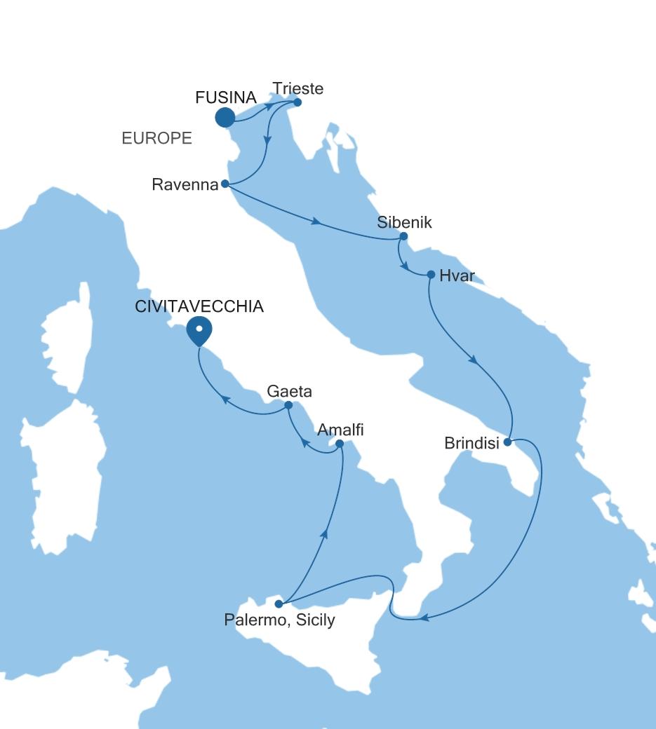 Carte de l’itinéraire Silver Dawn, Fusina (Venise) → Civitavecchia (Rome)