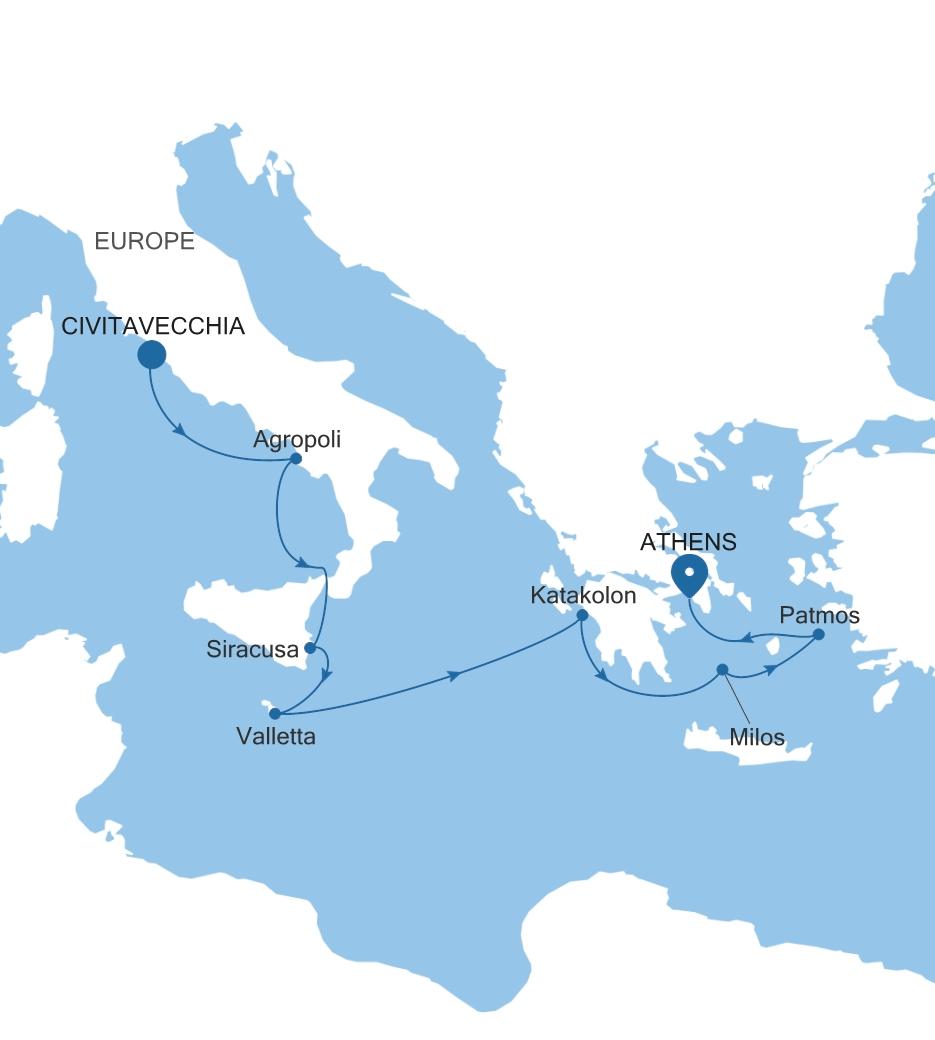 Carte de l’itinéraire Silver Dawn, Civitavecchia (Rome) → Athènes (Le Pirée)