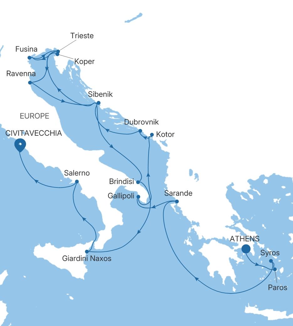 Carte de l’itinéraire Silver Dawn, Athènes (Le Pirée) → Civitavecchia (Rome)