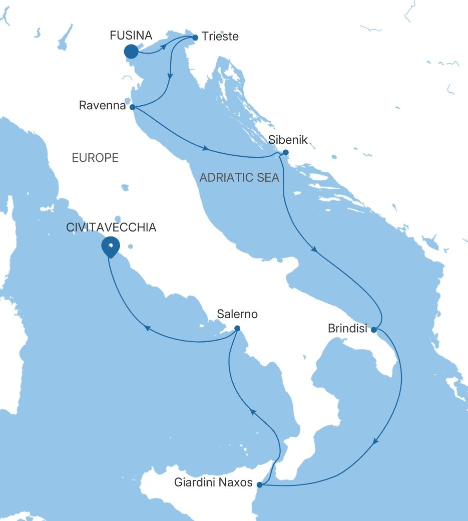 Carte de l’itinéraire Silver Dawn, Fusina (Venise) → Civitavecchia (Rome)