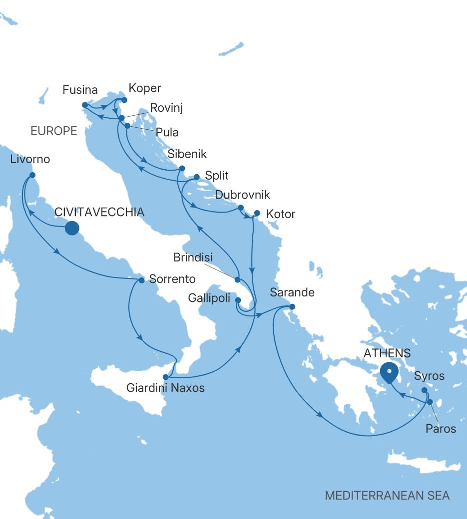 Carte de l’itinéraire Silver Dawn, Civitavecchia (Rome) → Athènes (Le Pirée)