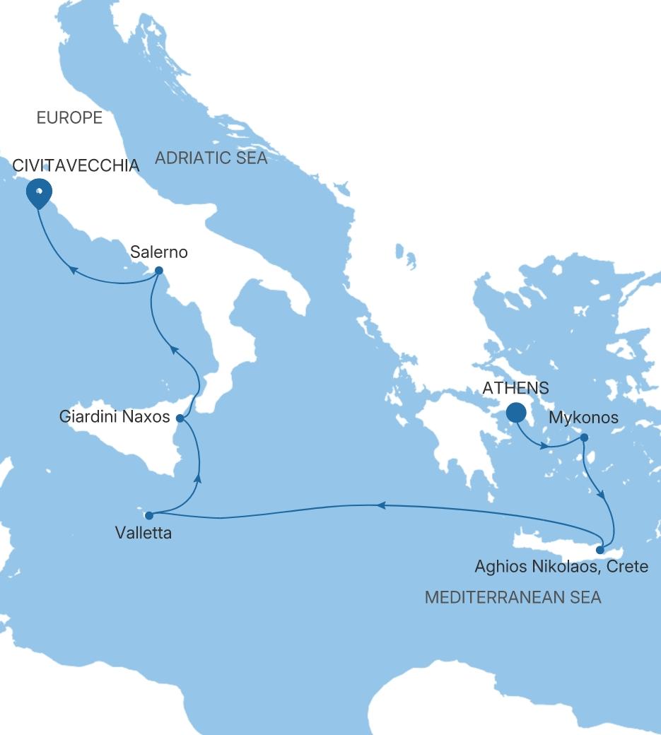 Carte de l’itinéraire Silver Dawn, Athènes (Le Pirée) → Civitavecchia (Rome)