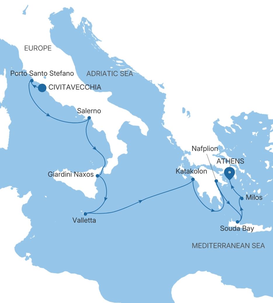 Carte de l’itinéraire Silver Dawn, Civitavecchia (Rome) → Athènes (Le Pirée)
