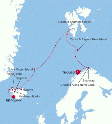 Carte de l’itinéraire Silver Endeavour, Reykjavík → Tromsø