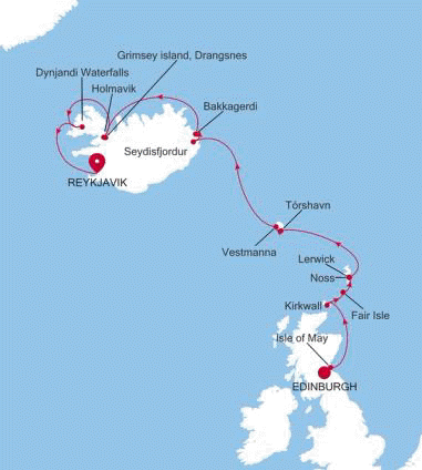Carte de l’itinéraire Silver Endeavour, Edinburgh (Leith) → Reykjavík