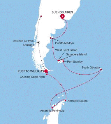 Carte de l’itinéraire Silver Endeavour, Puerto Williams → Buenos Aires