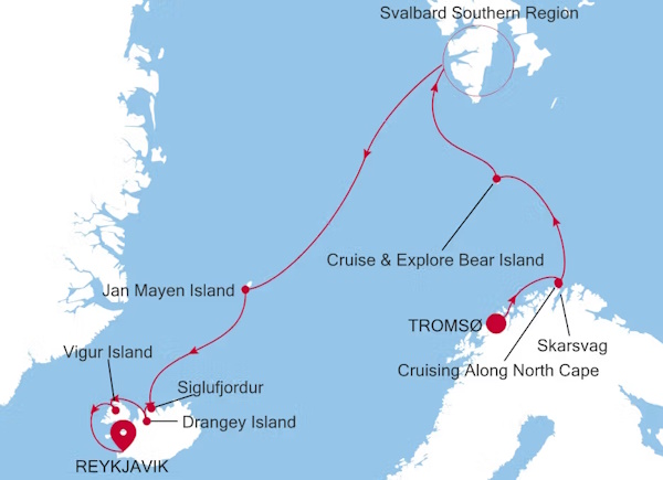 Carte de l’itinéraire Silver Endeavour, Tromsø → Reykjavík