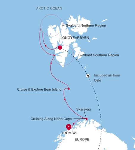 Carte de l’itinéraire Silver Endeavour, Longyearbyen → Tromsø