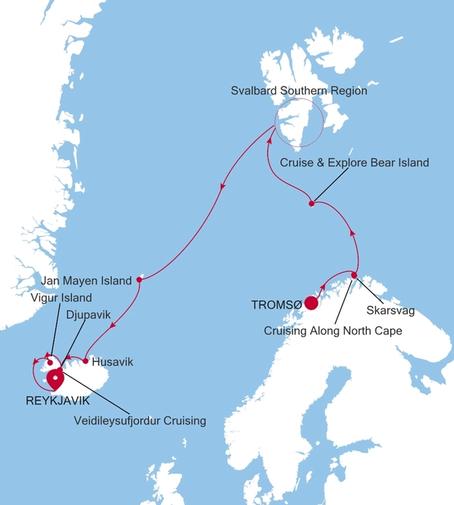 Carte de l’itinéraire Silver Endeavour, Tromsø → Reykjavík