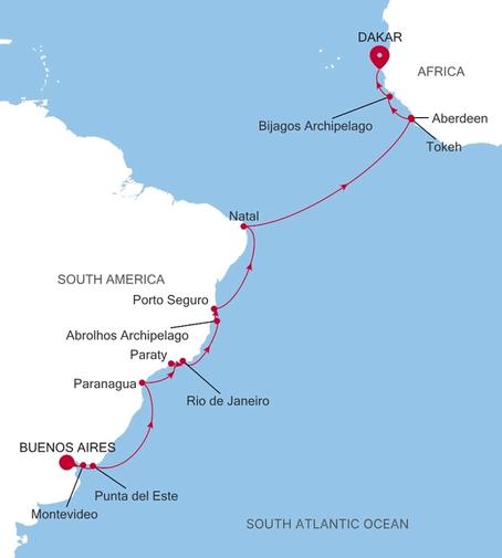 Carte de l’itinéraire Silver Endeavour, Buenos Aires → Dakar
