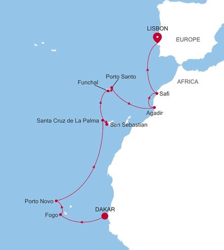 Carte de l’itinéraire Silver Endeavour, Dakar → Lisbonne