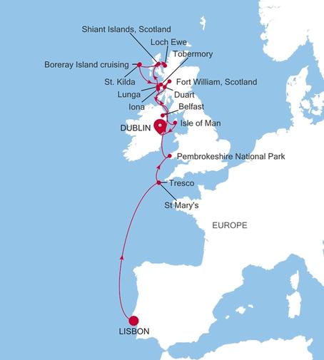 Carte de l’itinéraire Silver Endeavour, Lisbonne → Dublin