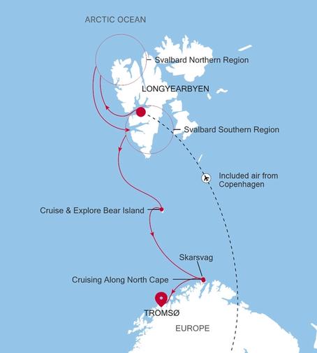Carte de l’itinéraire Silver Endeavour, Longyearbyen → Tromsø