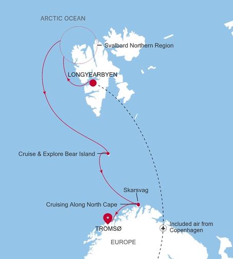 Carte de l’itinéraire Silver Endeavour, Longyearbyen → Tromsø