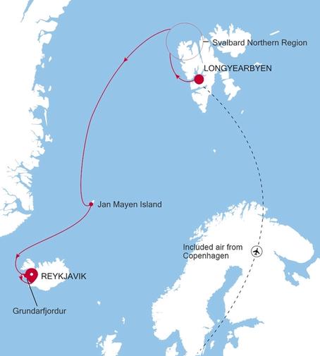 Carte de l’itinéraire Silver Endeavour, Longyearbyen → Reykjavík