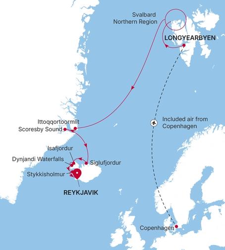 Carte de l’itinéraire Silver Endeavour, Longyearbyen → Reykjavík