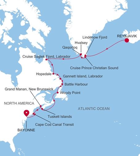 Carte de l’itinéraire Silver Endeavour, Reykjavík → Bayonne, New Jersey