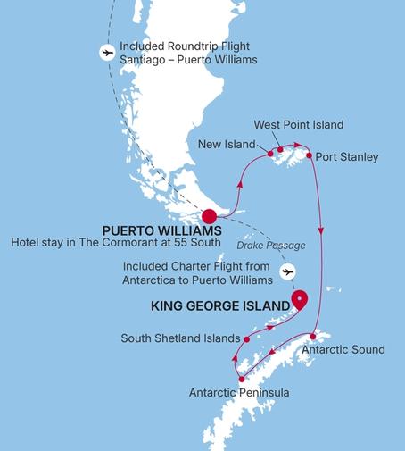 Carte de l’itinéraire Silver Endeavour, Puerto Williams → King George Island