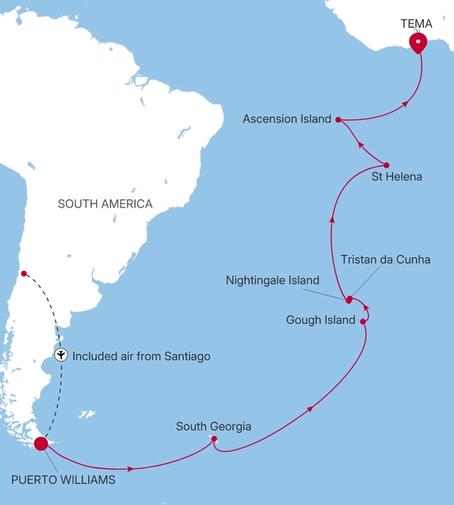 Carte de l’itinéraire Silver Endeavour, Puerto Williams → Tema (Accra)