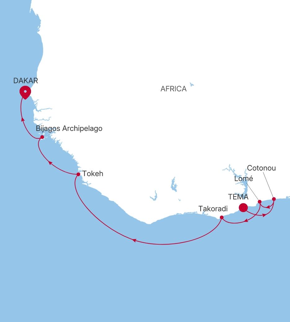 Carte de l’itinéraire Silver Endeavour, Tema (Accra) → Dakar