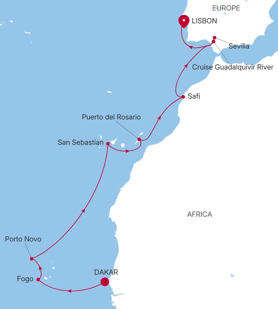 Carte de l’itinéraire Silver Endeavour, Dakar → Lisbonne